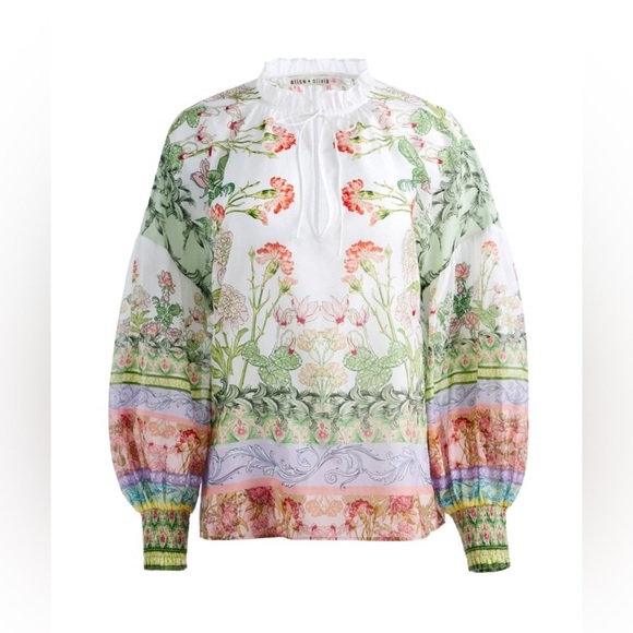 New! Alice + Olivia Julius Floral Blouson Sleeve Tie Front Top 🌻 XS - Picture 6 of 10